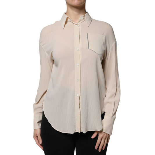 Brunello Cucinelli Beige Silk Blend Collared Button Down Top Brunello Cucinelli