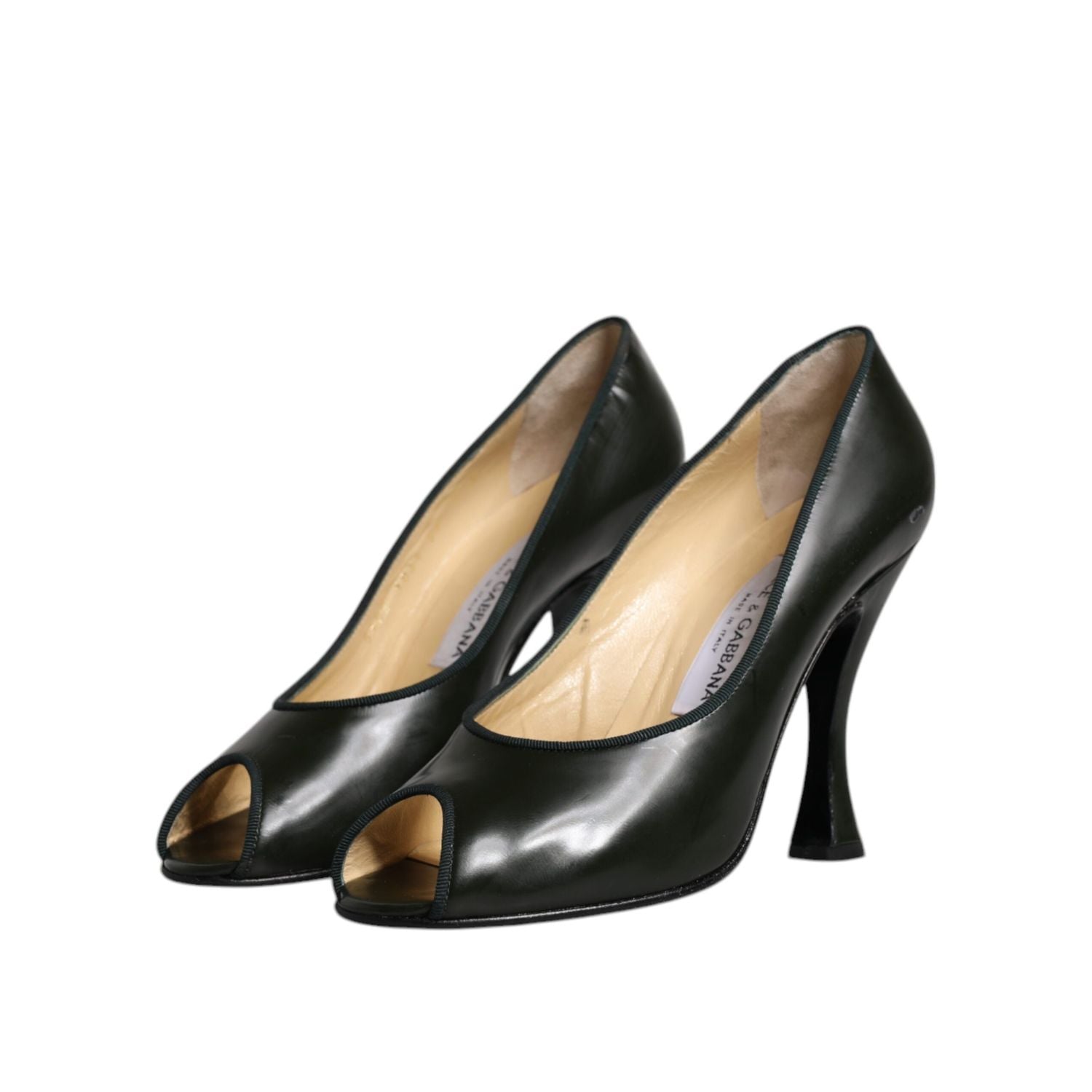 Dolce & Gabbana Green Leather Peep Toe Heels Pumps Shoes