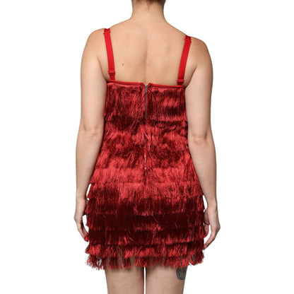 Dolce & Gabbana Red Lace Tassel Sleeveless Sheath Mini Dress