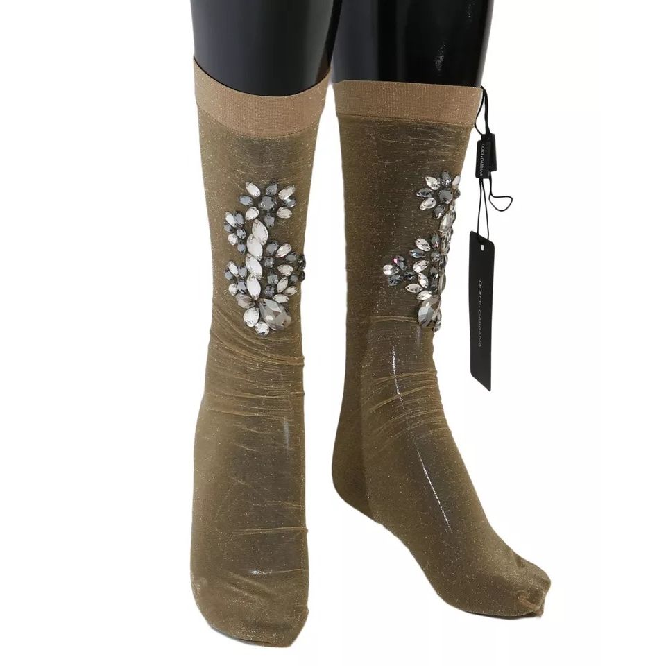 Dolce & Gabbana Gold Stretch Floral Clear Crystal Stocking Socks