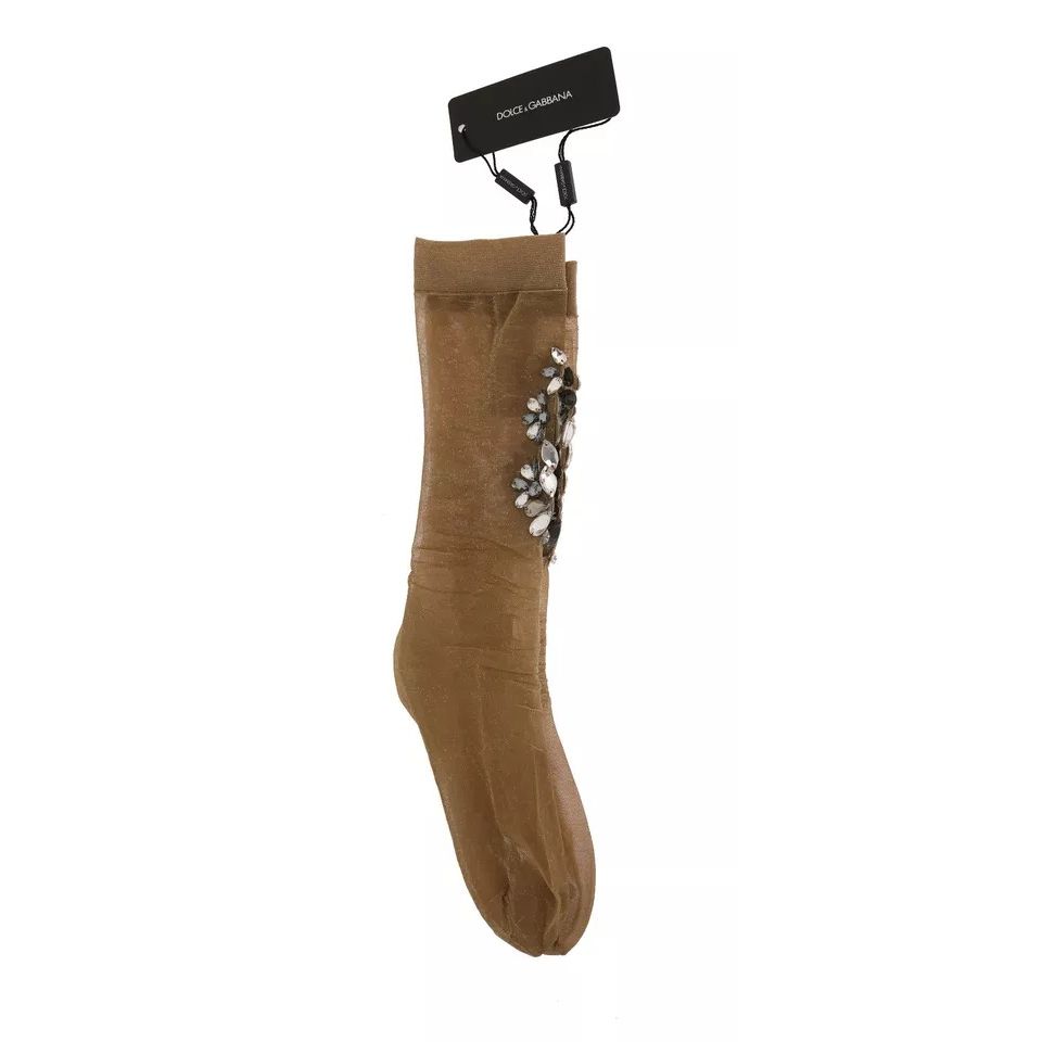 Dolce & Gabbana Gold Stretch Floral Clear Crystal Stocking Socks
