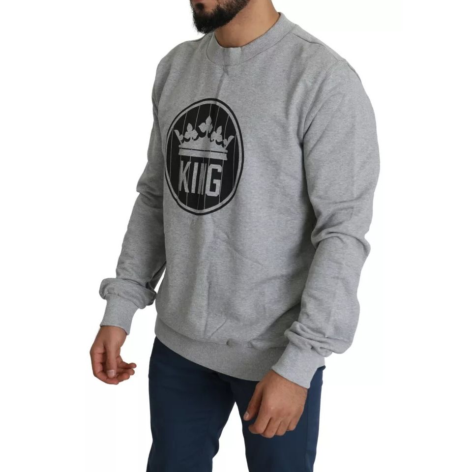 Dolce & Gabbana Gray Crown King Print Cotton Pullover Sweater