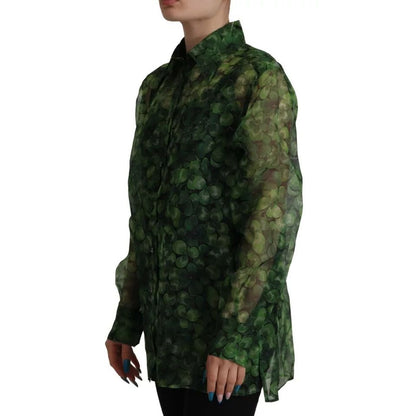 Dolce & Gabbana Green Clover Print Long Sleeves Collared Top Blouse