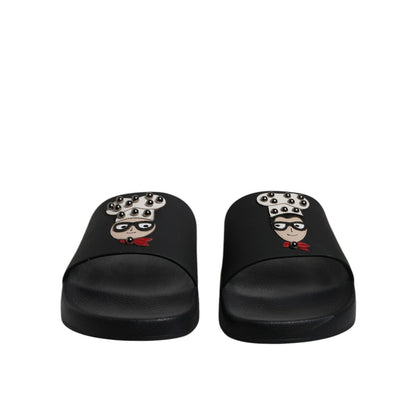 Dolce & Gabbana Black Leather Slides Sandals Beachwear Shoes