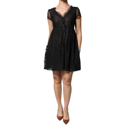 Blugirl Black Short Sleeves Floral Lace Trim A-line Mini Dress
