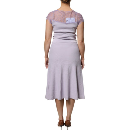 Blumarine Purple Short Sleeves Floral Lace Trim A-line Midi Dress Blumarine