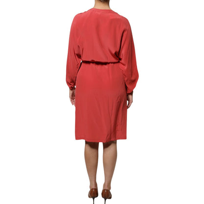 Peserico Red Long Sleeves Pencil Cut Drawstring Waist Dress