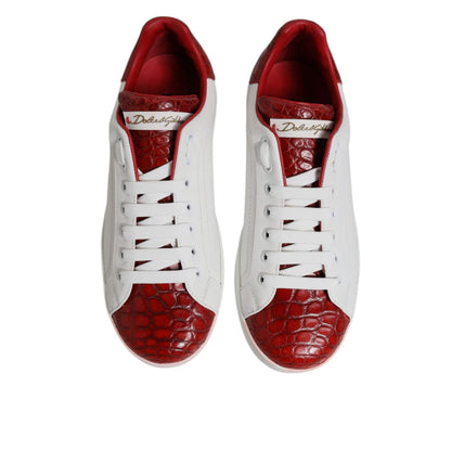 Dolce & Gabbana White Red Leather Portofino Men Sneaker Shoes