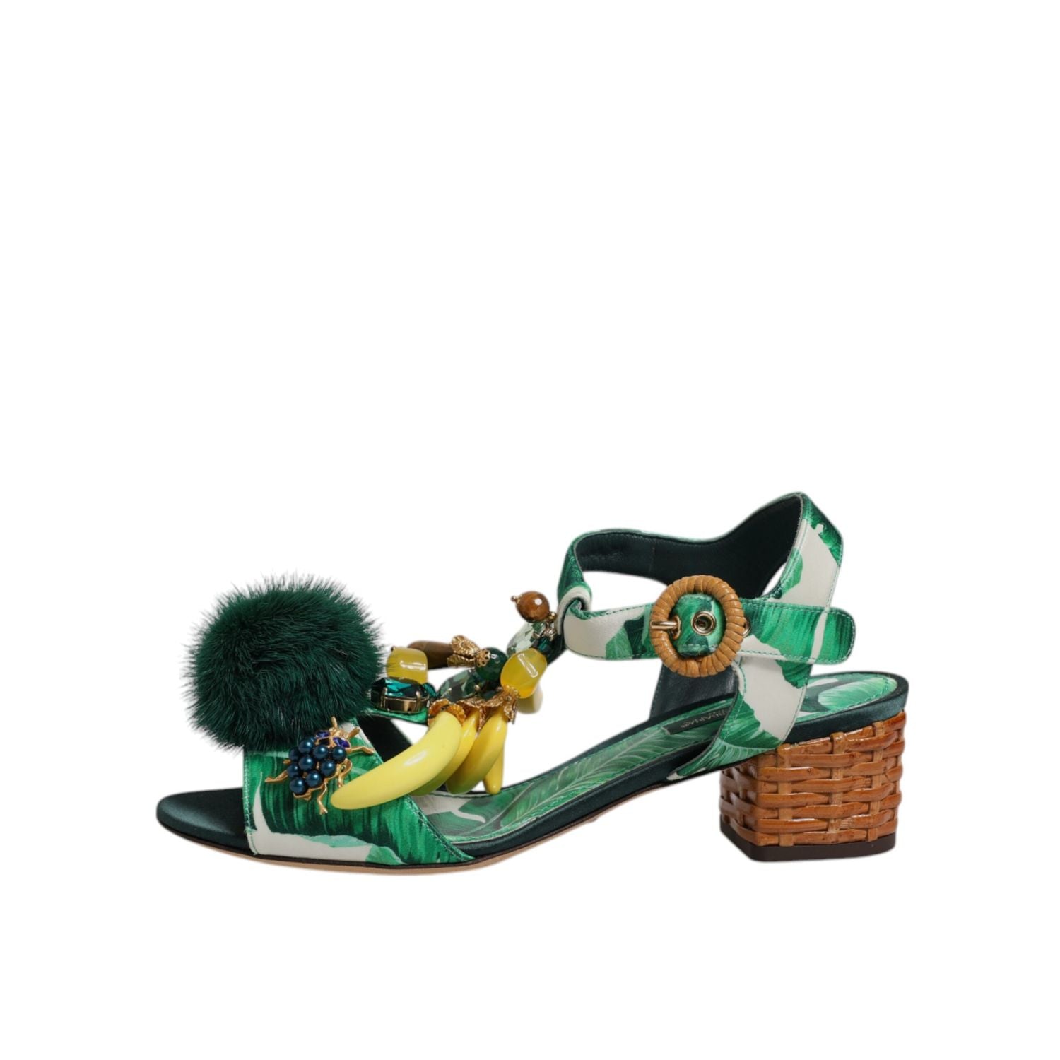 Dolce & Gabbana Green Crystal Fur Embellished Sandals Shoes