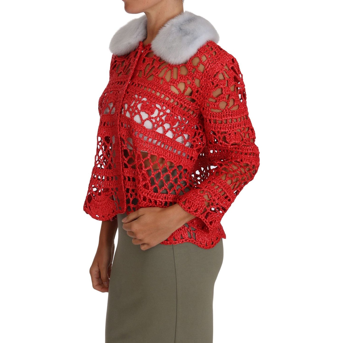 Dolce & Gabbana Elegant Red Crochet Knit Cardigan with Fur Collar Dolce & Gabbana