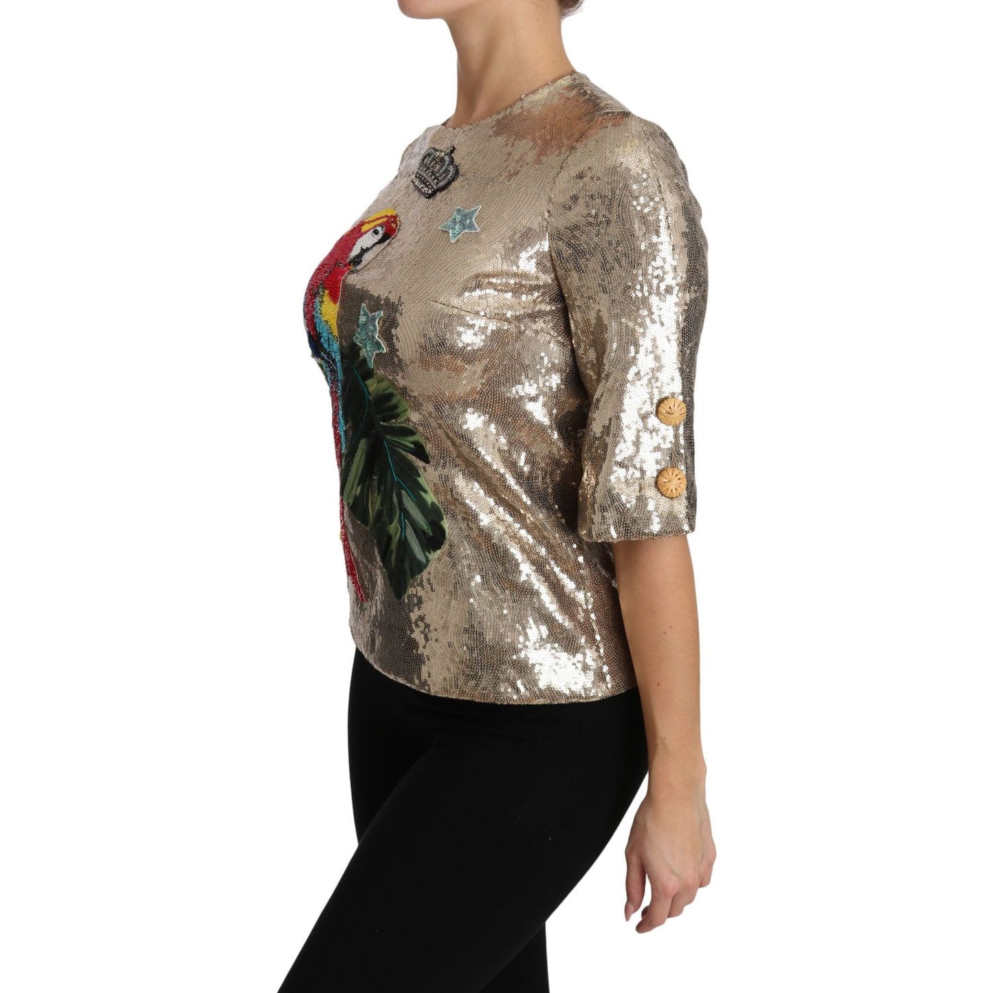 Dolce & Gabbana Gold Parrot Motif Crewneck Blouse with Crystals Dolce & Gabbana