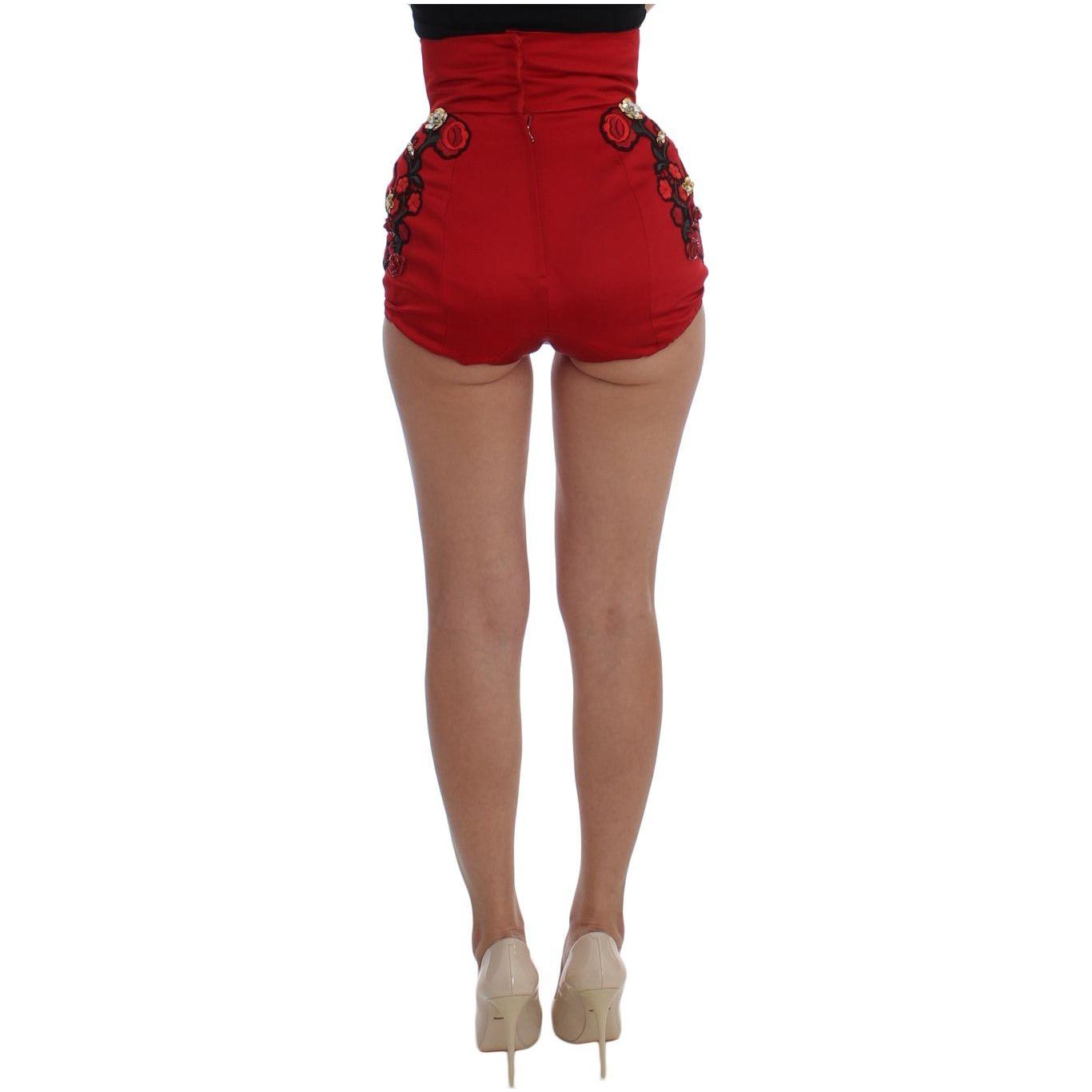 Dolce & Gabbana Red Silk Crystal Roses Shorts