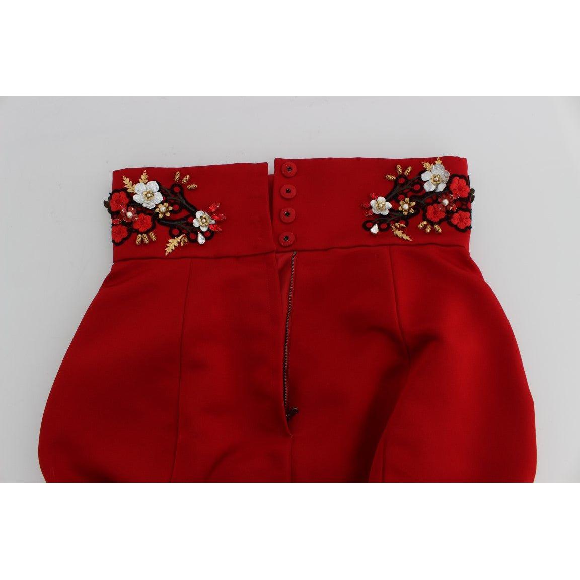 Dolce & Gabbana Red Silk Crystal-Embellished High Waist Shorts Dolce & Gabbana