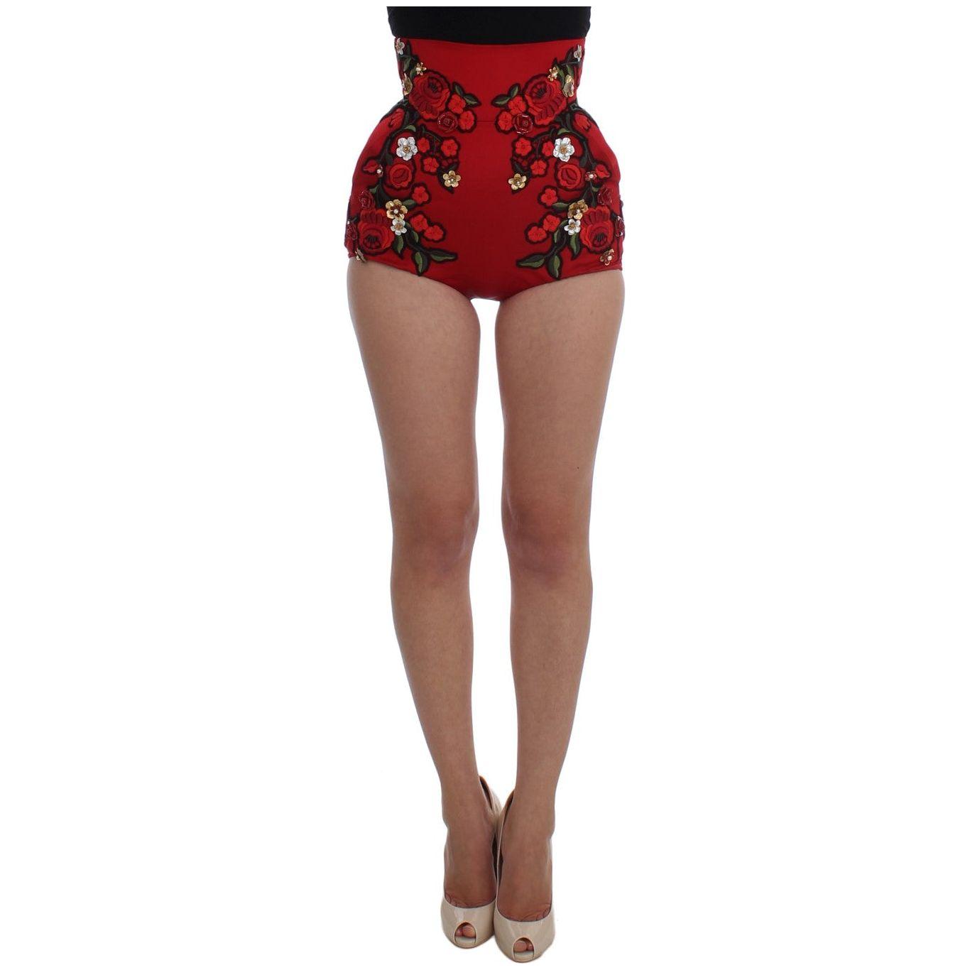 Dolce & Gabbana Glamorous Red Silk Floral Embroidered Shorts Dolce & Gabbana