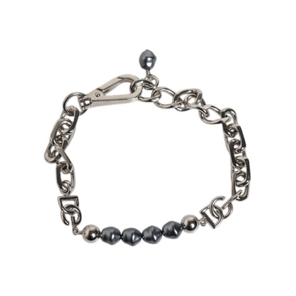 Dolce & Gabbana Silver Tone Chain Lobster Clasp Logo Gray Pearls Bracelet