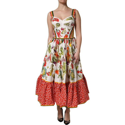 Dolce & Gabbana white sleeveless A-line midi dress with vegetable print and red polka dot hem, 100% cotton, luxurious design.