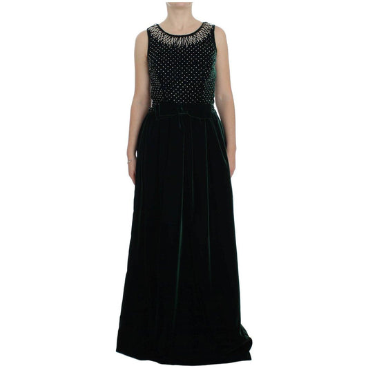 Dolce & Gabbana Green Velvet Crystal Long Maxi Dress