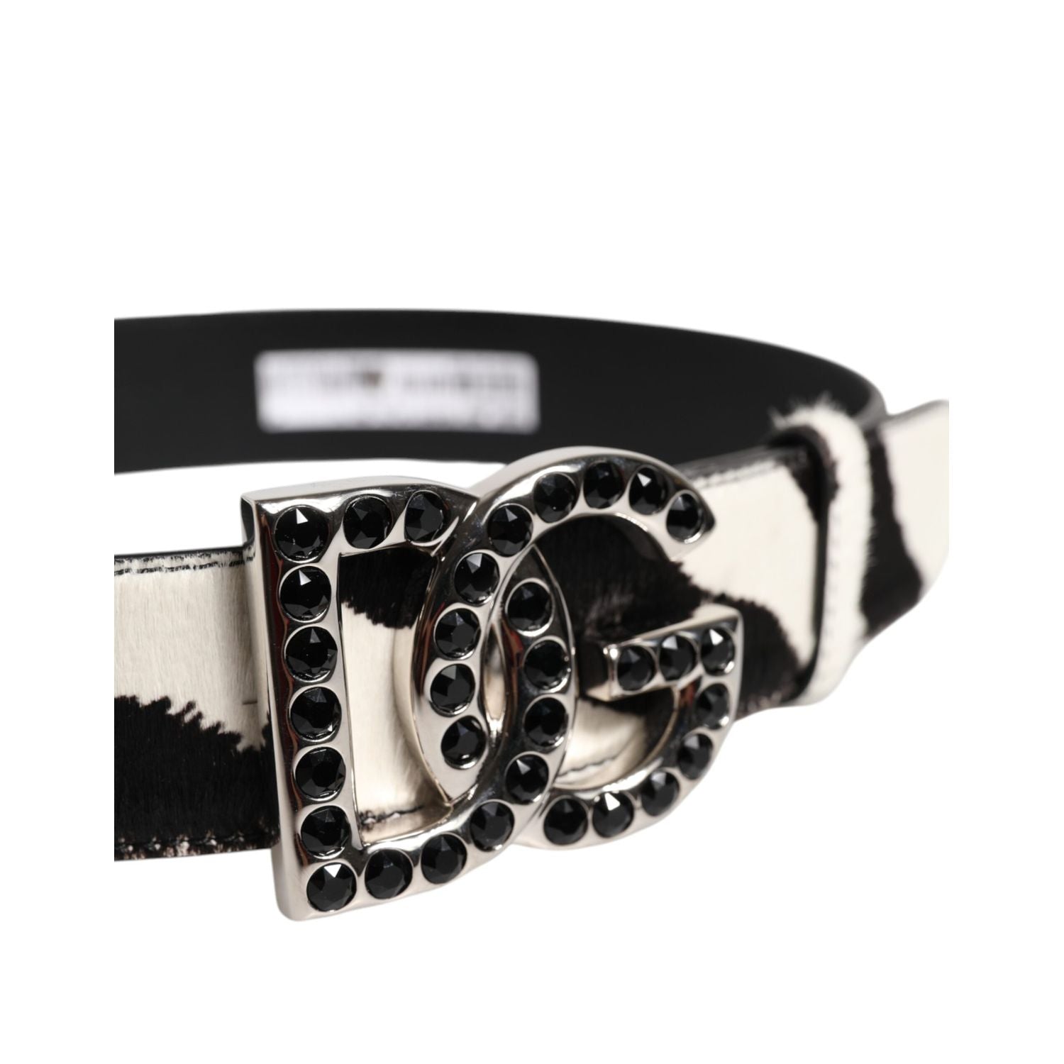 Dolce & Gabbana White Black Leather Zebra DG Crystal Buckle Belt
