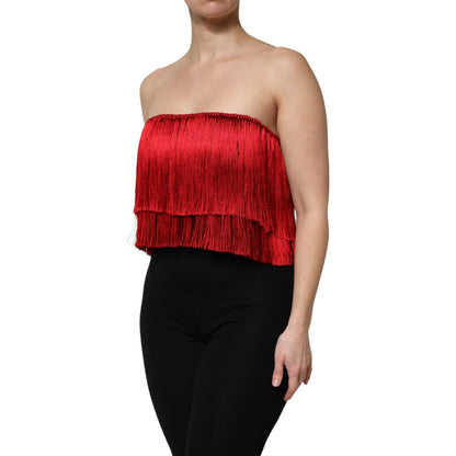 Dolce & Gabbana Red Silk Strapless Fringe Crop Tube Top