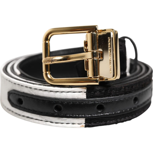 Dolce & Gabbana Black White Patchwork Gold Metal Buckle Belt