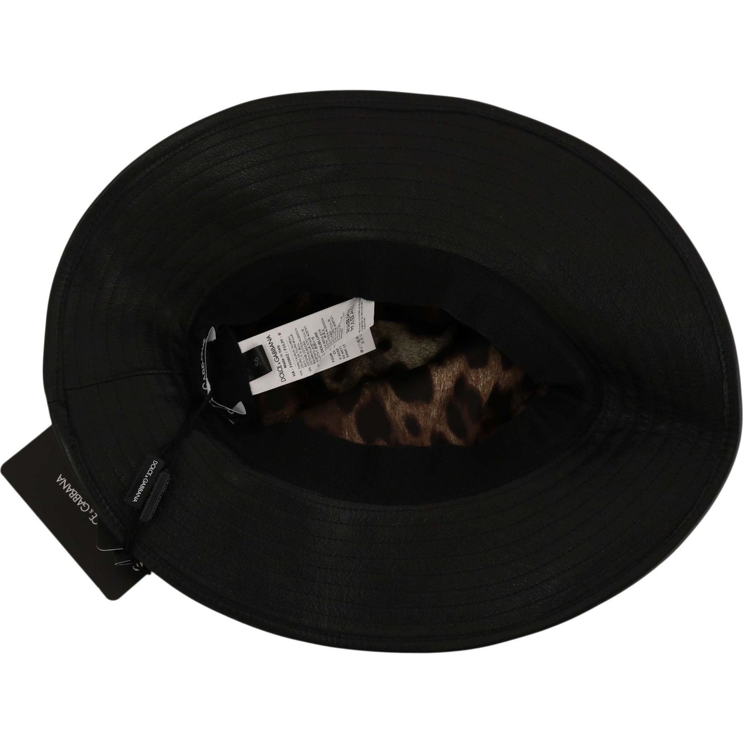 Dolce & Gabbana Black Leather DG Coin Crystal Wide Brim Hat