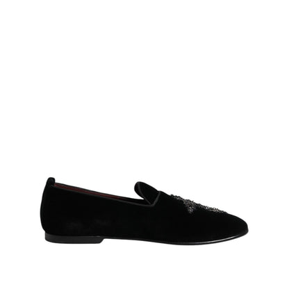 Dolce & Gabbana Black Velvet Embellished Loafer Slip On Shoes