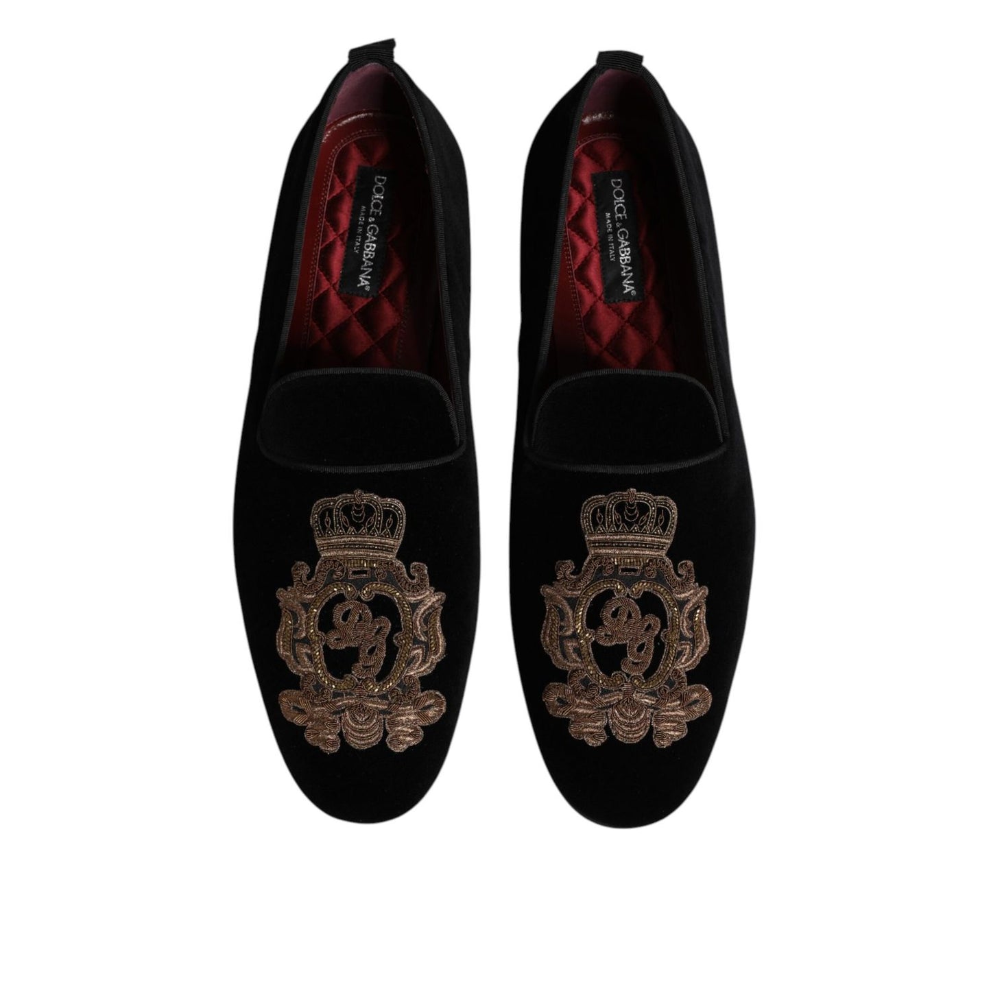 Dolce & Gabbana Black Velvet Gold Crown Mens Loafers Shoes