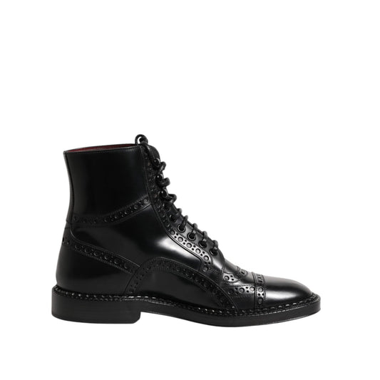 Dolce & Gabbana Black Leather Lace Up Mid Calf Boots Shoes