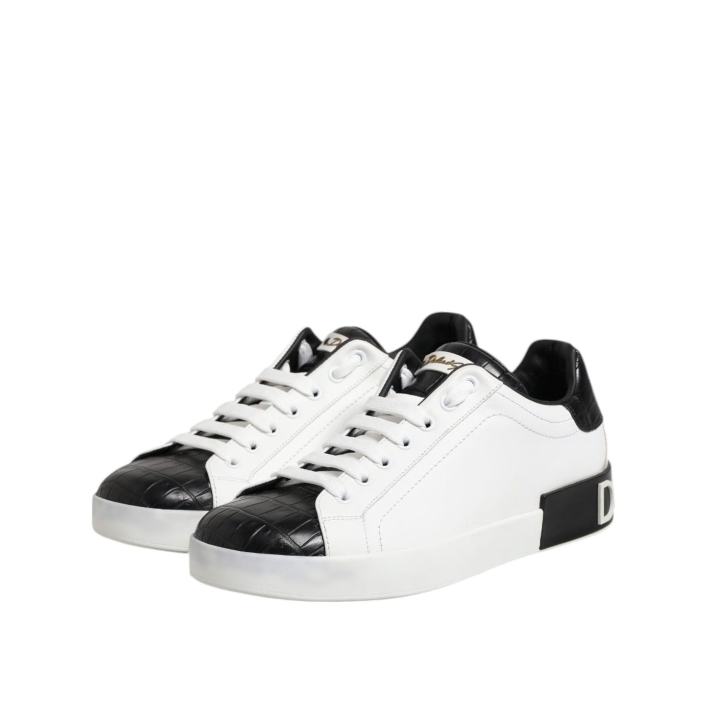 Dolce & Gabbana White Black Leather Portofino Sneaker Shoes