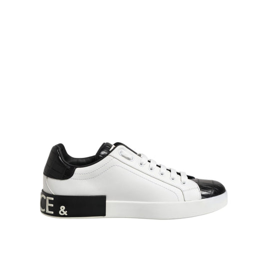 Dolce & Gabbana White Black Leather Portofino Sneaker Shoes