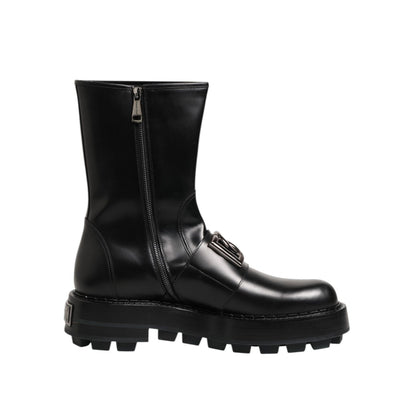 Dolce & Gabbana Black Logo Plaque Mid Calf Biker Boots Shoes