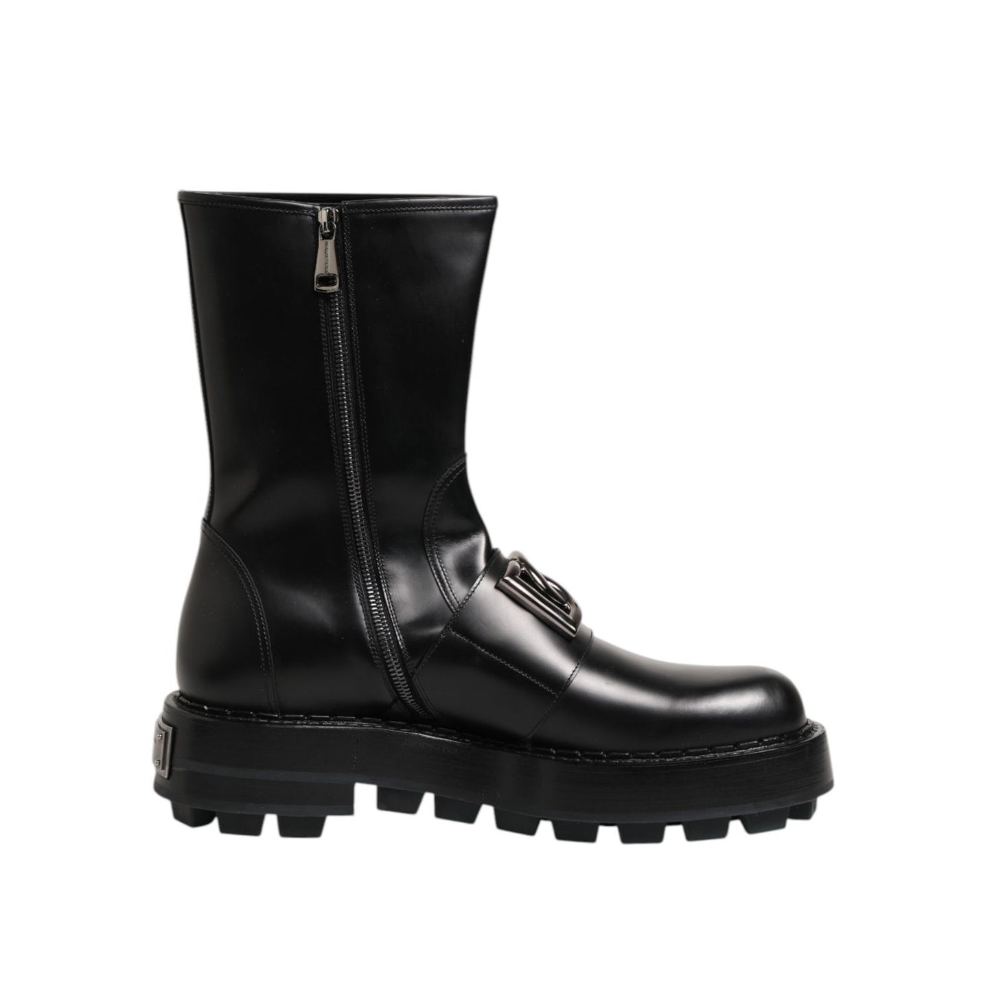 Dolce & Gabbana Black Logo Plaque Mid Calf Biker Boots Shoes