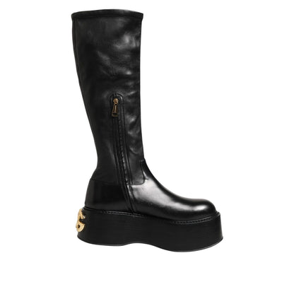 Dolce & Gabbana Black Logo Plaque Over The Calf Boots Shoes