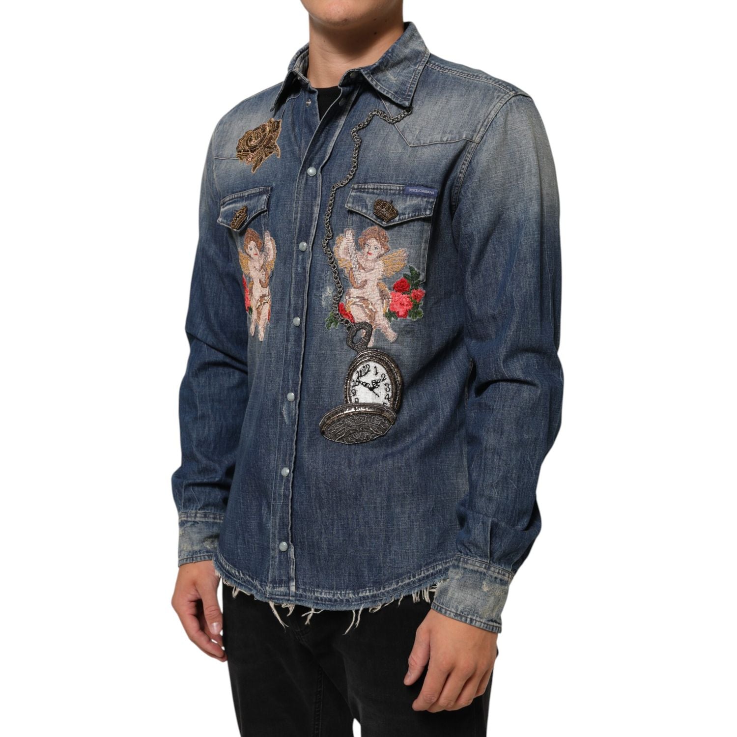 Dolce & Gabbana Blue Angel Patch Denim Buttoned Down Men Shirt