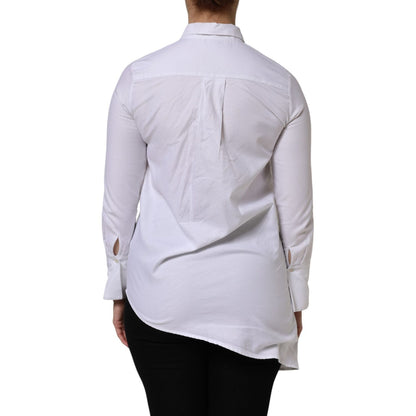 AGLINI White Cotton Collared Long Sleeves Ruffle Top Shirt