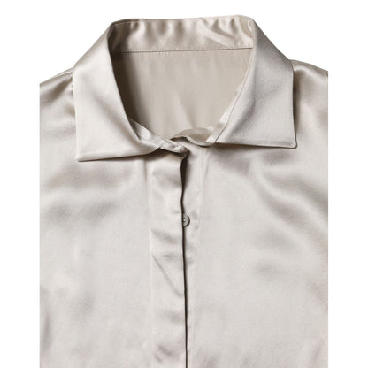 Dolce & Gabbana Beige Satin Silk Collared Long Sleeves Top