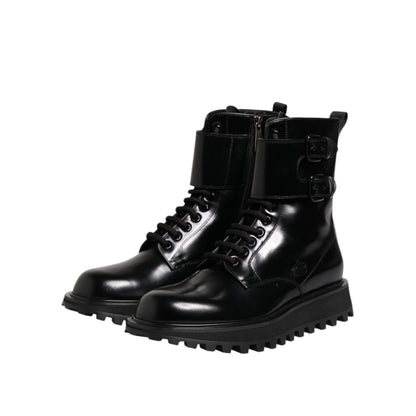 Dolce & Gabbana Black Leather Lace Up Mid Calf Boots Shoes
