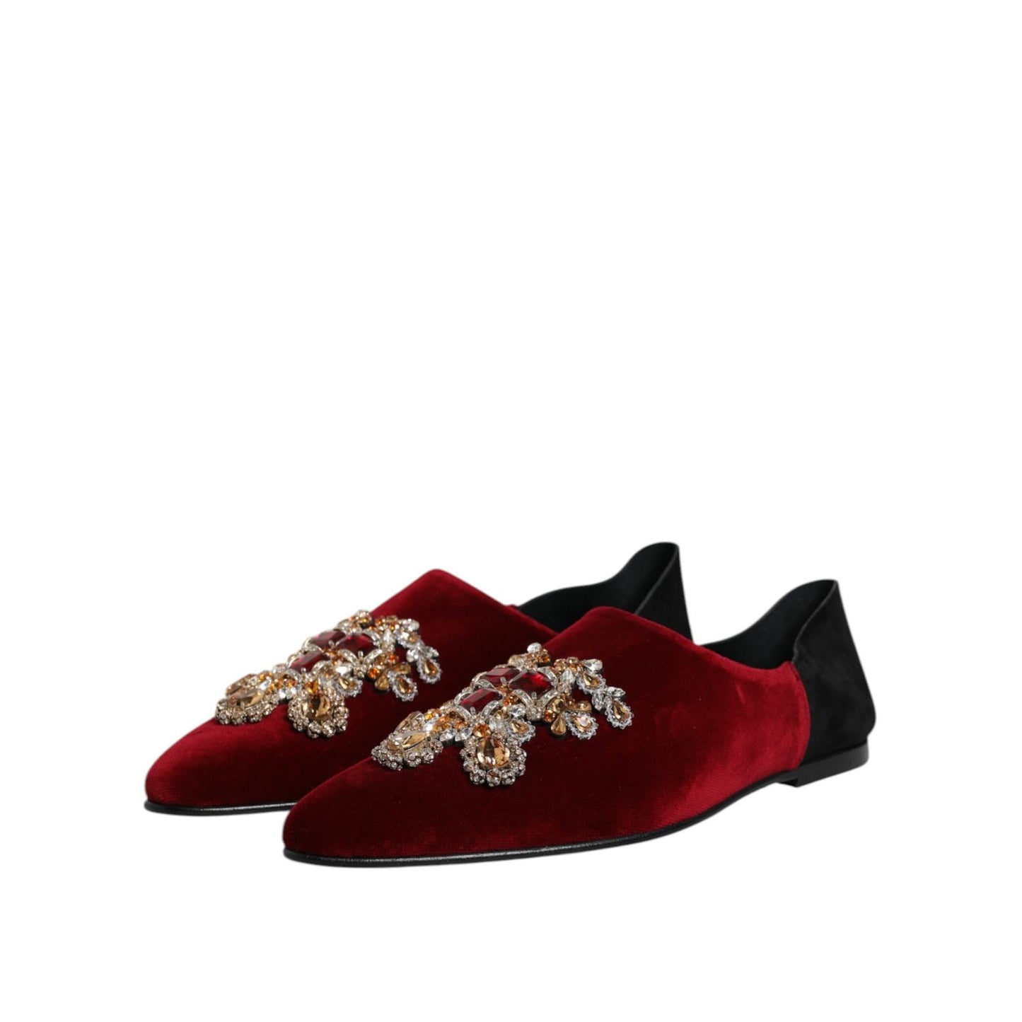 Dolce & Gabbana Black Red Velvet Embellished Slip On Shoes