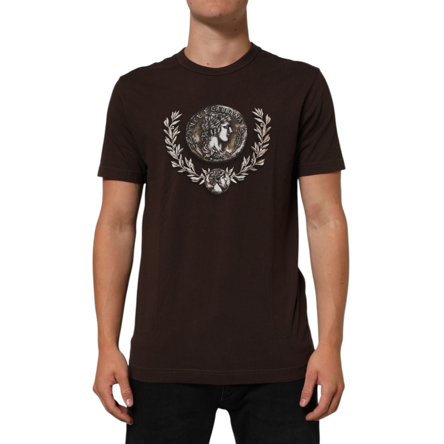 Dolce & Gabbana Brown Coin Laurel Print Men Crew Neck T-shirt