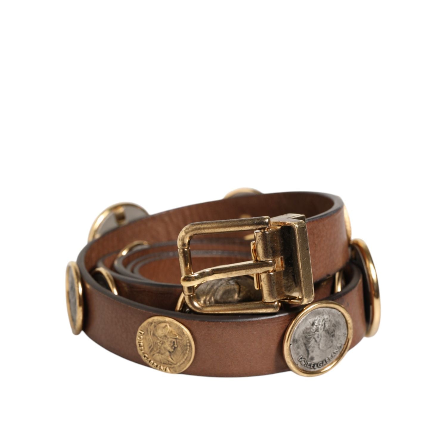 Dolce & Gabbana Brown Leather Gold Silver Coin Buckle Belt