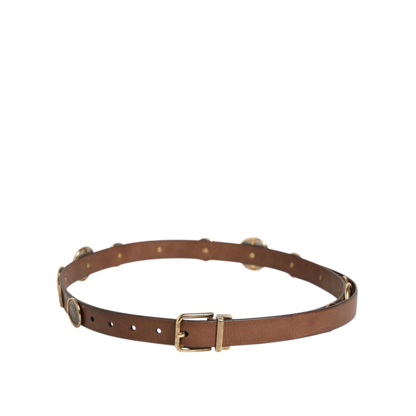 Dolce & Gabbana Brown Leather Gold Silver Coin Buckle Belt