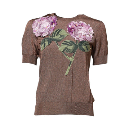 Dolce & Gabbana Brown Lily Embellished Round Neck Blouse Top