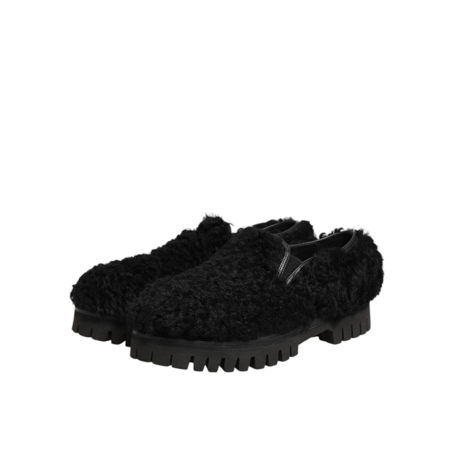 Dolce & Gabbana Dress Black Fur Leather Slippers Men Shoes