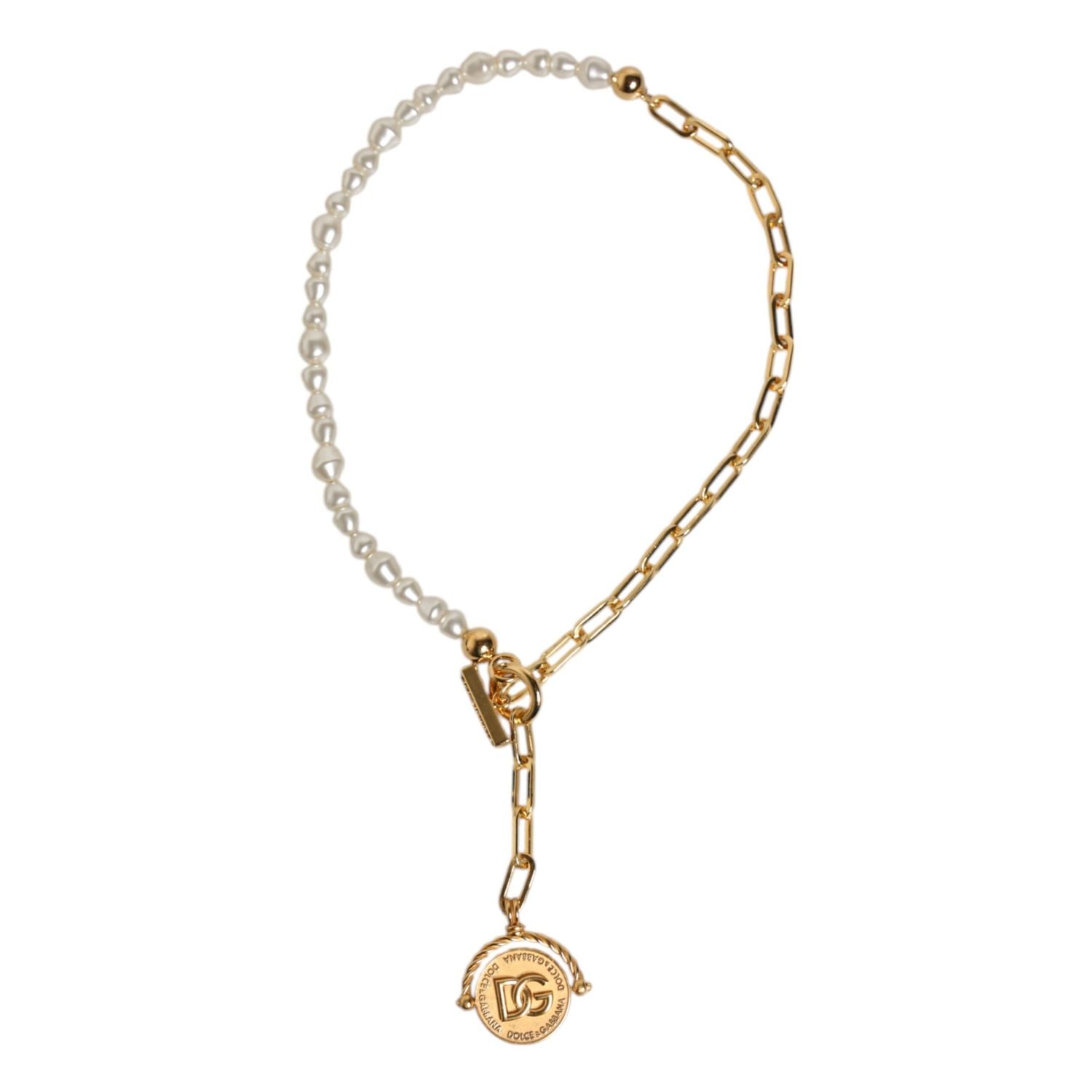 Dolce & Gabbana Gold Chain Brass Faux Pearl Charm Logo Pendant Necklace