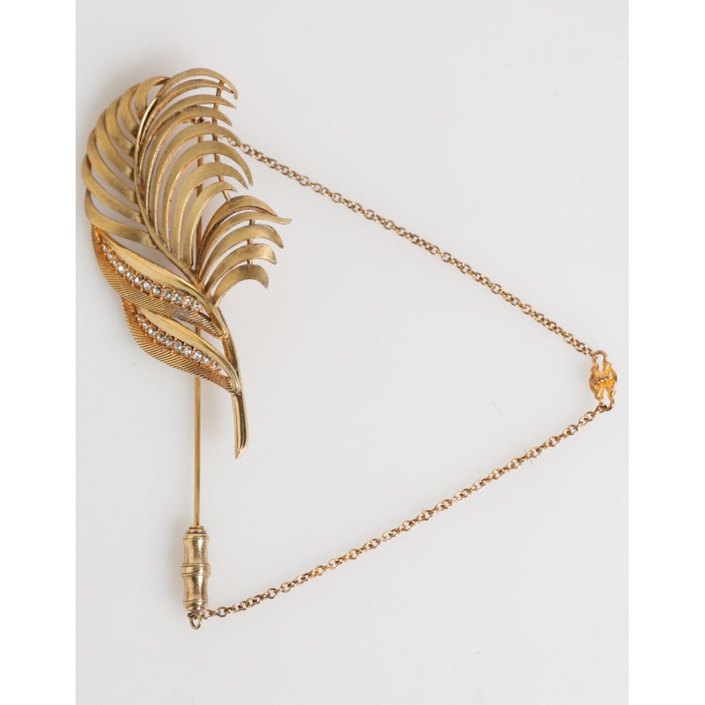 Dolce & Gabbana Gold Tone Leaf 925 Sterling Silver Crystal Chain Brooch