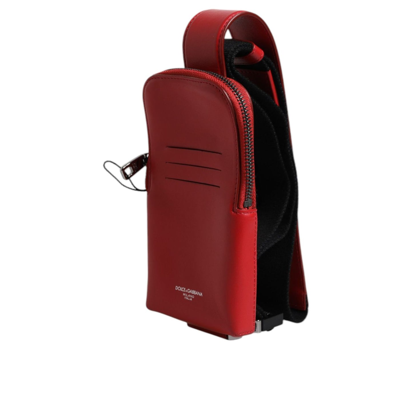 Dolce & Gabbana Red Leather Logo Zip Around Card Holder Wide Strap Wallet