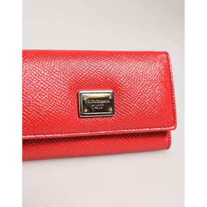 Dolce & Gabbana Red Leather Silver Metal Logo Plaque Trifold Key Holder