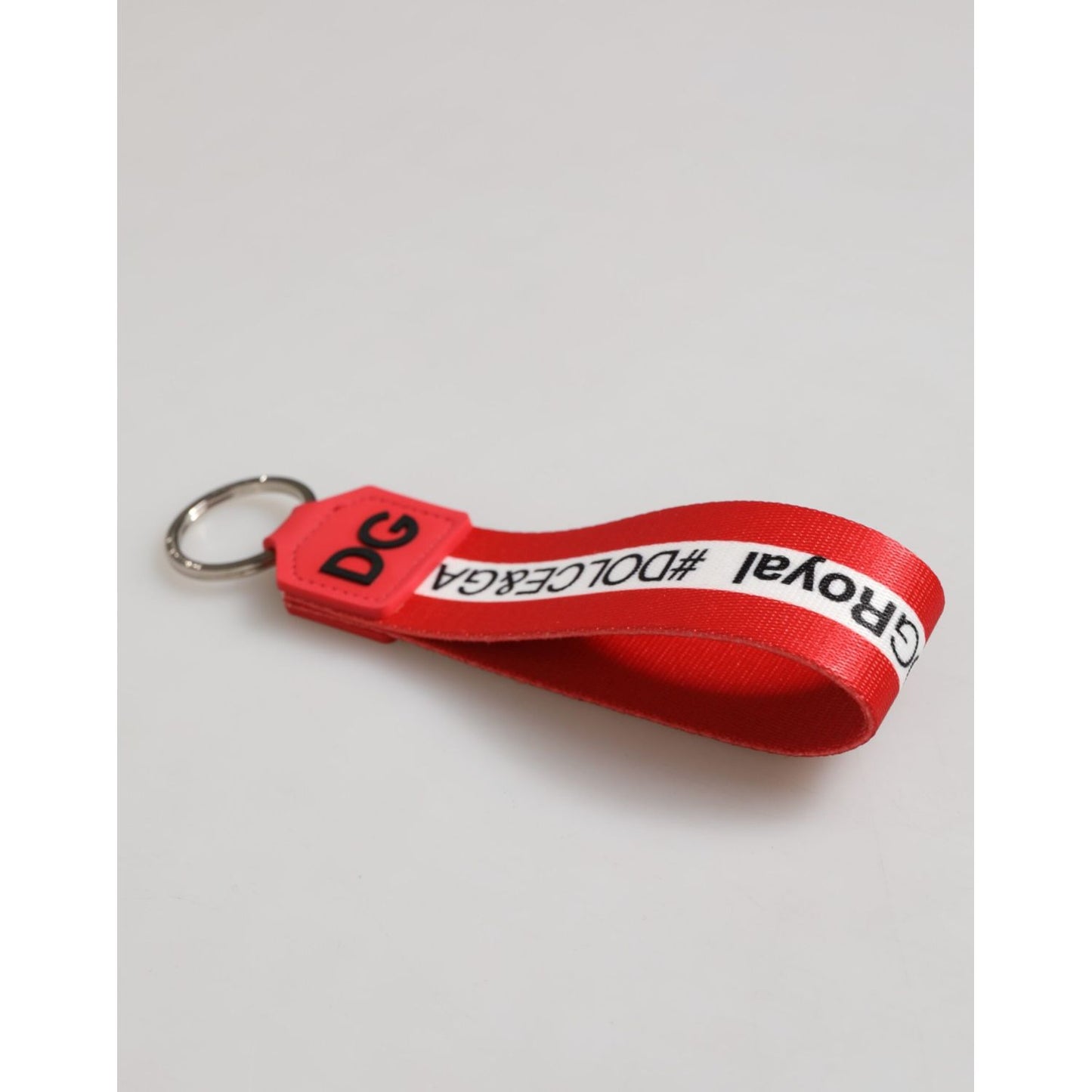 Dolce & Gabbana Red Logo Polyester Silver Brass Holder Keychain Men Keyring