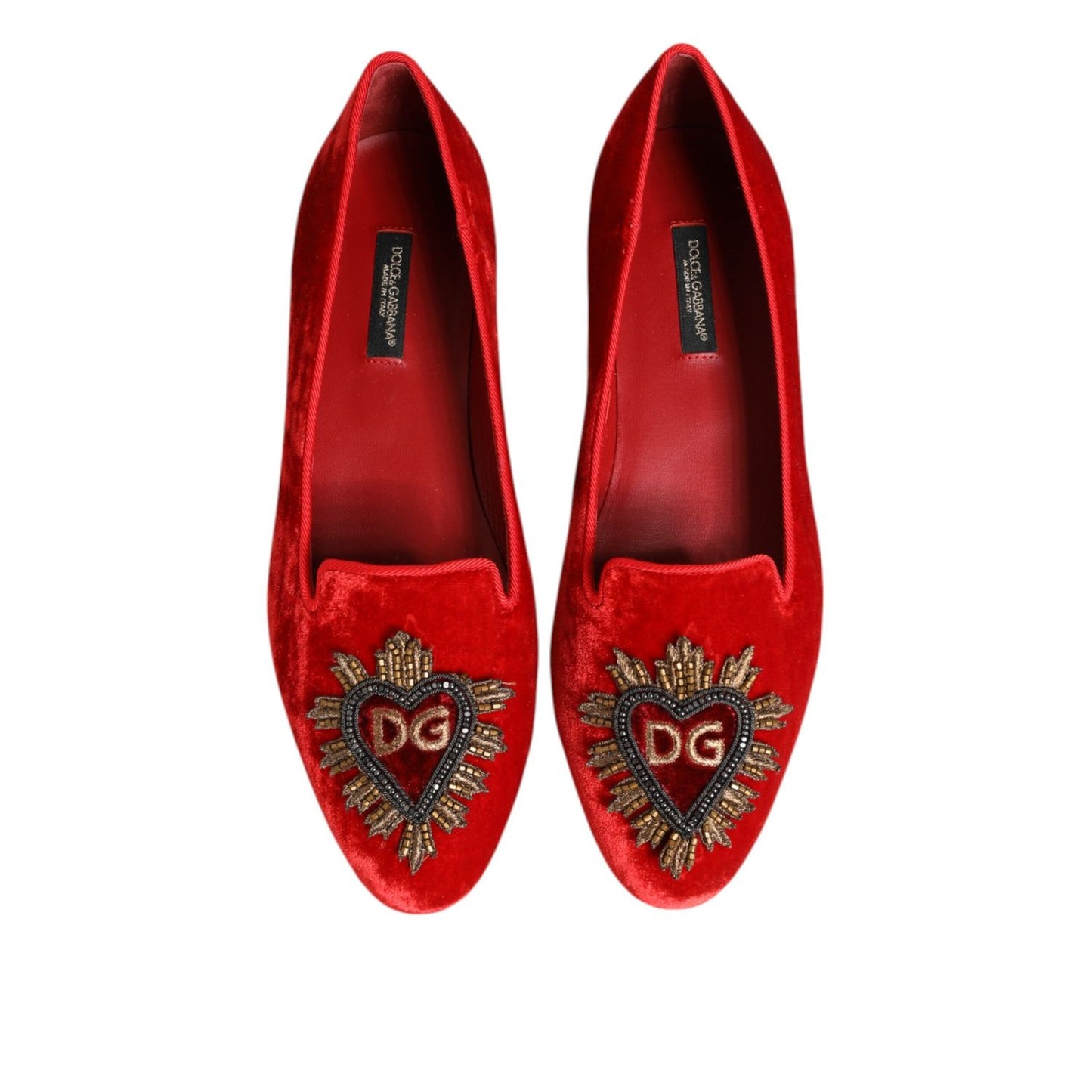 Dolce & Gabbana Red Velvet DG Heart Loafers Flat Shoes
