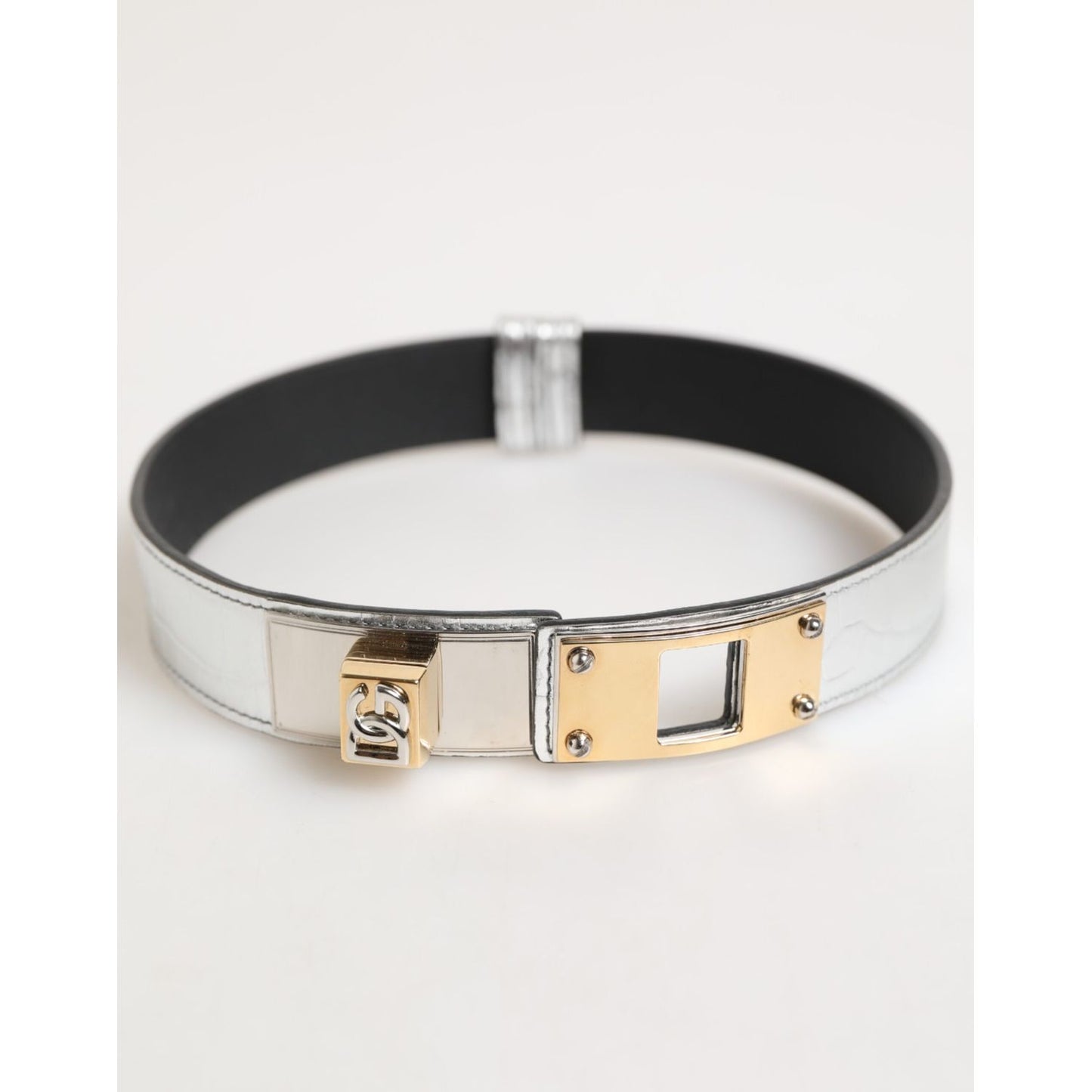 Dolce & Gabbana Silver Textured Leather Gold Tone Metal Neckband